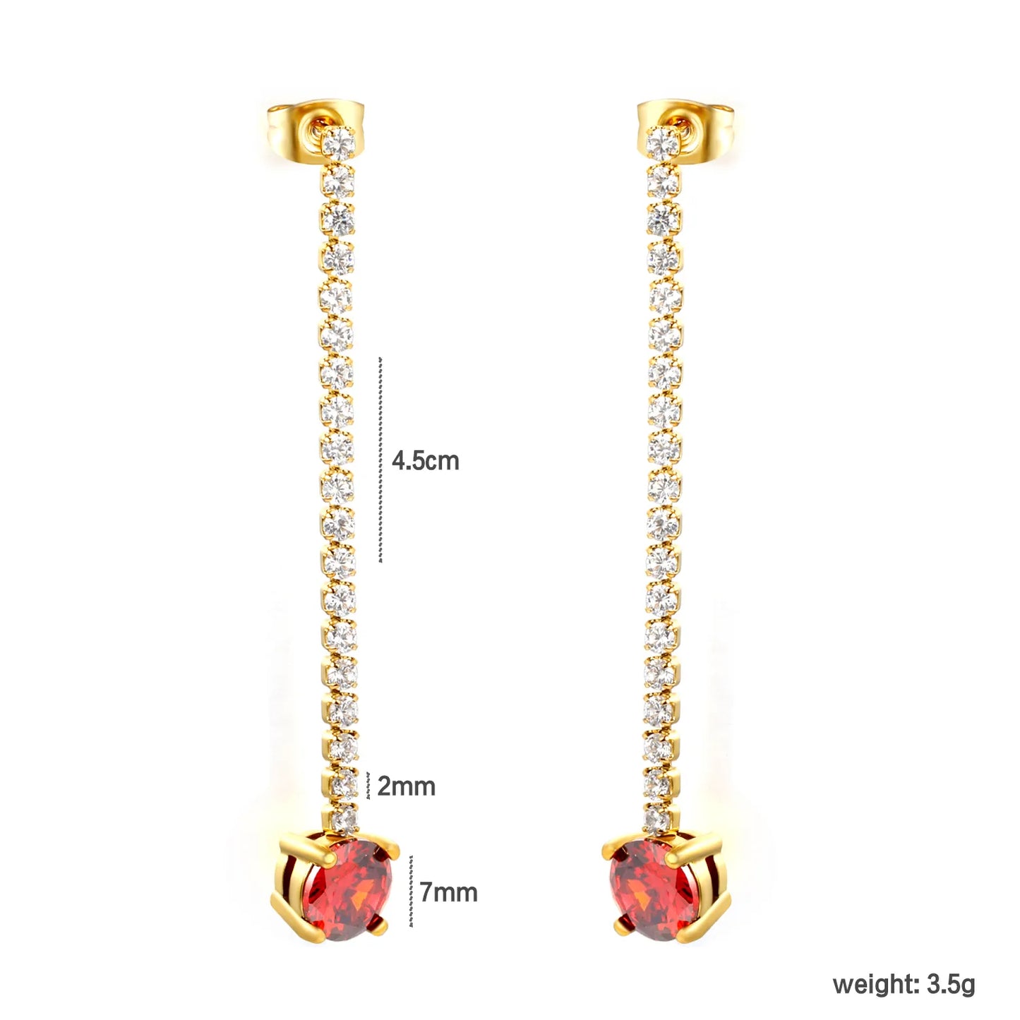 Long Tennis Chain Red CZ Drop Stud Earrings | Two Color Options | Linear Ruby-Tone Dangle Earrings | Wholesale MOQ 12