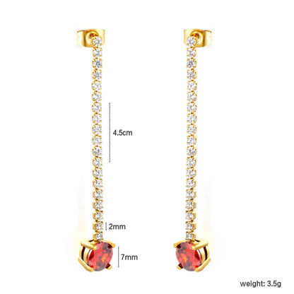 Long Tennis Chain Red CZ Drop Stud Earrings | Two Color Options | Linear Ruby-Tone Dangle Earrings | Wholesale MOQ 12