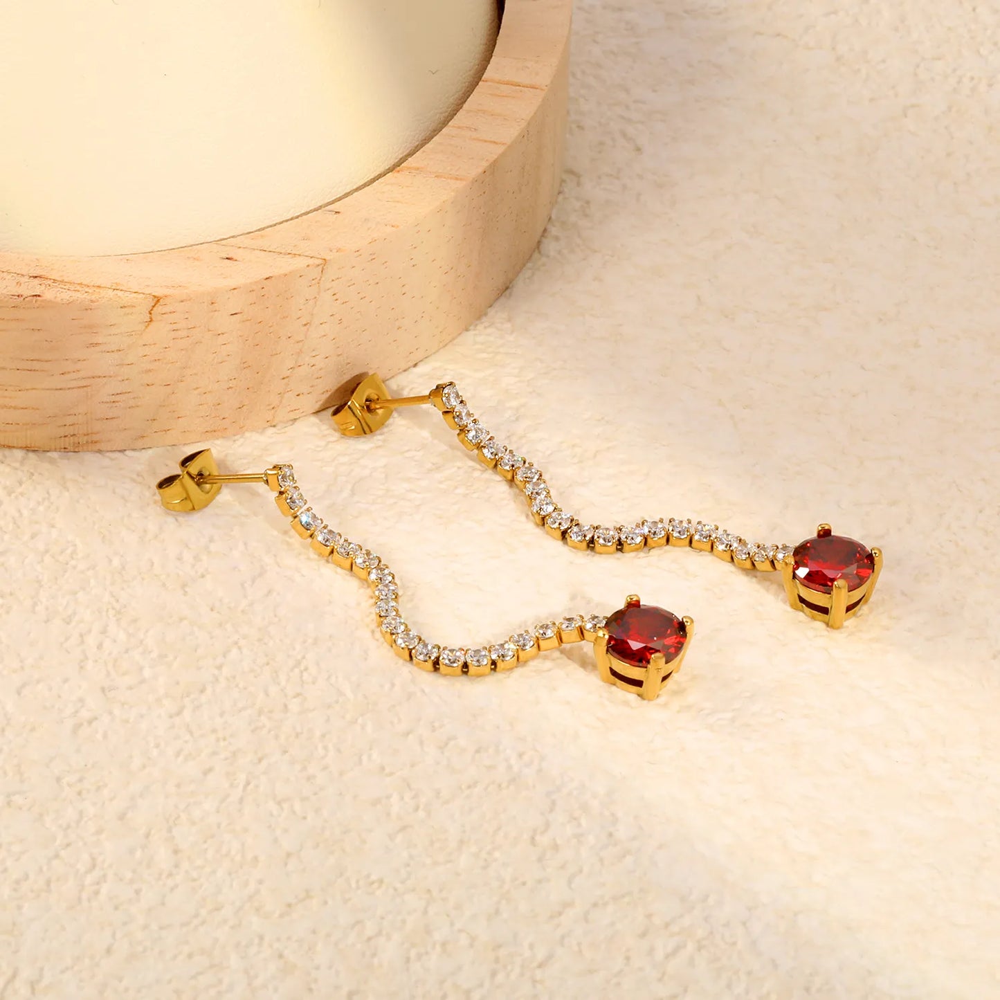 Long Tennis Chain Red CZ Drop Stud Earrings | Two Color Options | Linear Ruby-Tone Dangle Earrings | Wholesale MOQ 12