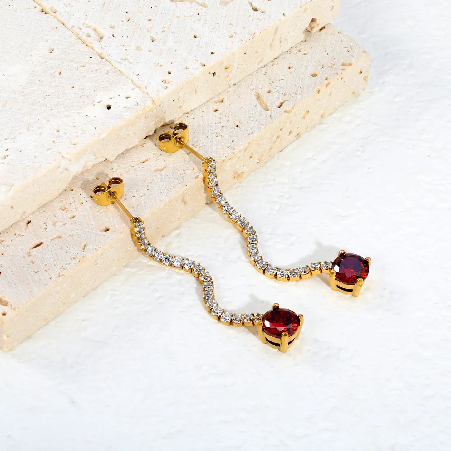Long Tennis Chain Red CZ Drop Stud Earrings | Two Color Options | Linear Ruby-Tone Dangle Earrings | Wholesale MOQ 12