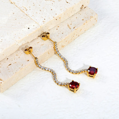Long Tennis Chain Red CZ Drop Stud Earrings | Two Color Options | Linear Ruby-Tone Dangle Earrings | Wholesale MOQ 12