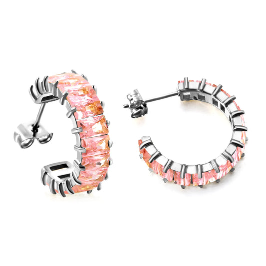 Gradient Pink Baguette CZ Half-Circle C-Hoop Stud Earrings | Silver Tennis Cuff Hoops | Wholesale MOQ 12