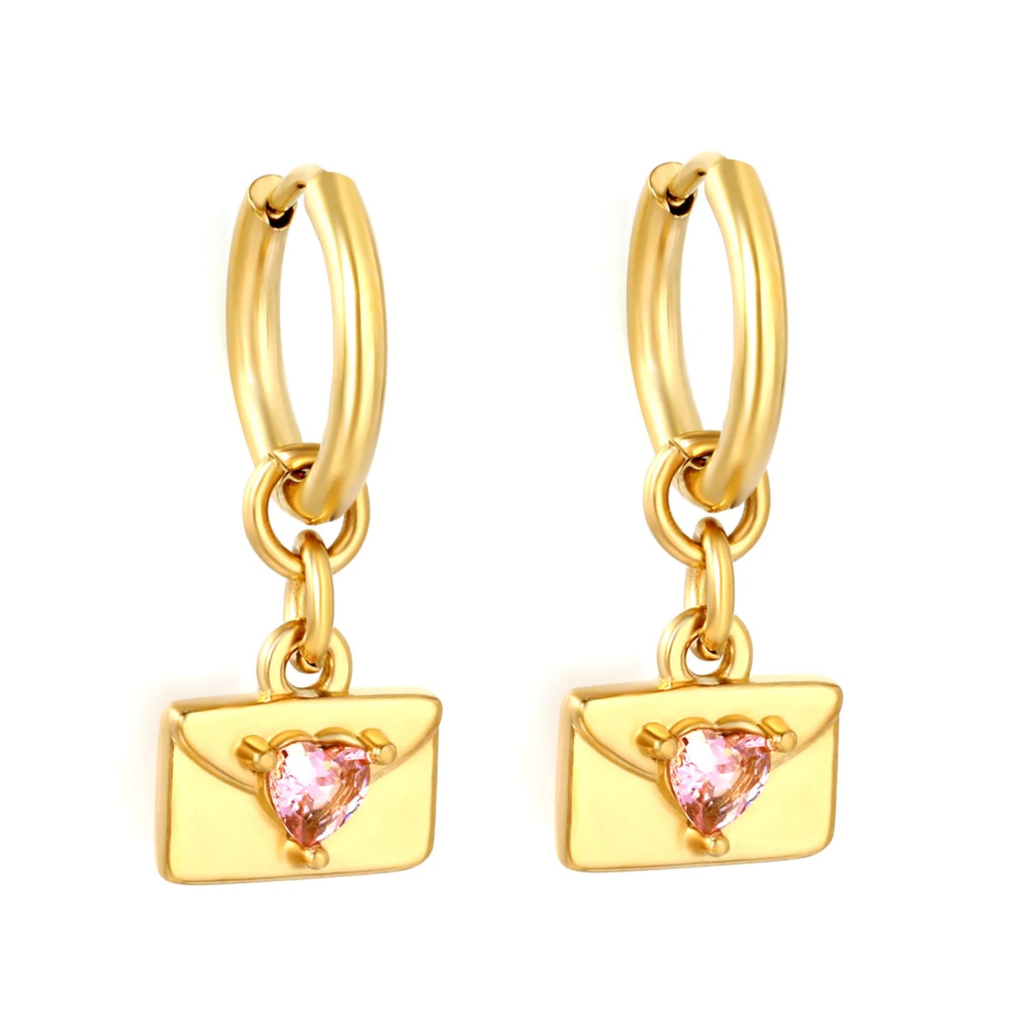Pink Heart CZ Envelope Charm Huggie Drop Earrings 2×10mm Hoop | 18K Gold Plated Stainless Steel | Love Letter Dangle Earrings | Wholesale MOQ 12