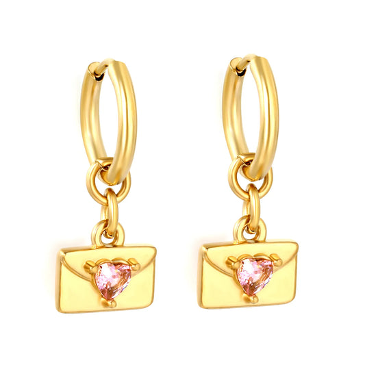 Pink Heart CZ Envelope Charm Huggie Drop Earrings 2×10mm Hoop | 18K Gold Plated Stainless Steel | Love Letter Dangle Earrings | Wholesale MOQ 12