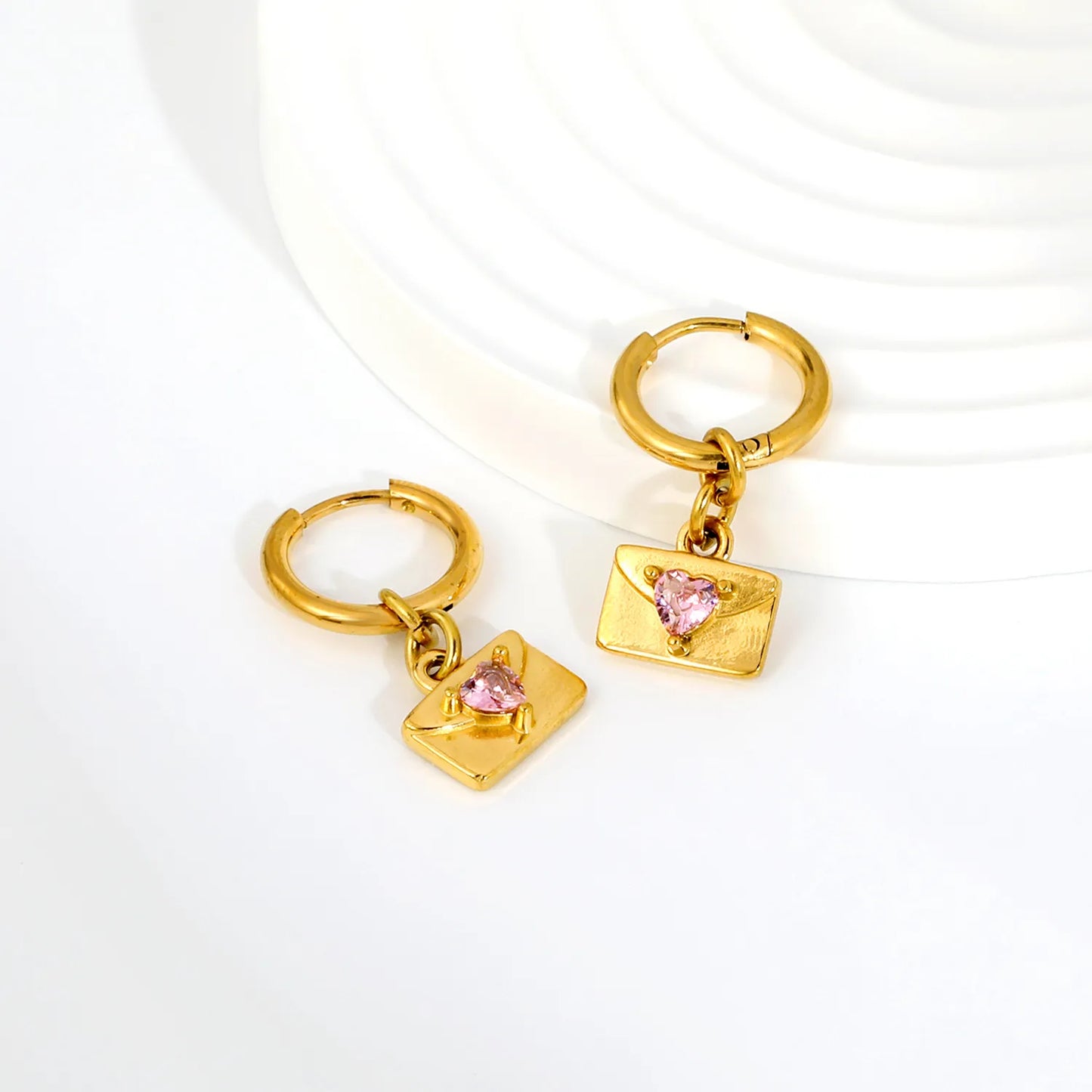 Pink Heart CZ Envelope Charm Huggie Drop Earrings 2×10mm Hoop | 18K Gold Plated Stainless Steel | Love Letter Dangle Earrings | Wholesale MOQ 12