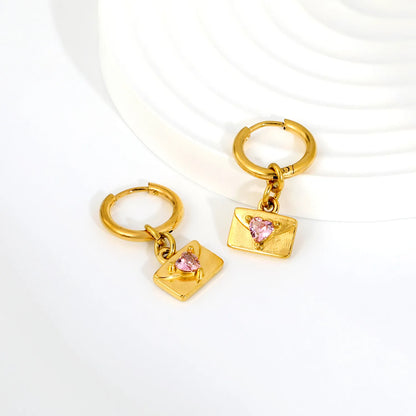 Pink Heart CZ Envelope Charm Huggie Drop Earrings 2×10mm Hoop | 18K Gold Plated Stainless Steel | Love Letter Dangle Earrings | Wholesale MOQ 12