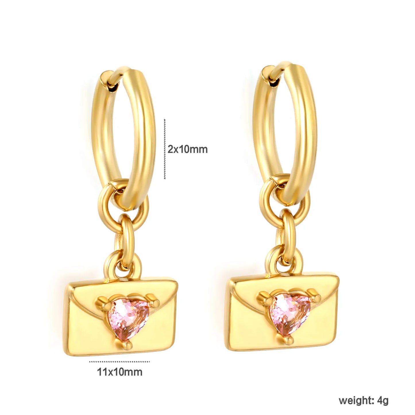 Pink Heart CZ Envelope Charm Huggie Drop Earrings 2×10mm Hoop | 18K Gold Plated Stainless Steel | Love Letter Dangle Earrings | Wholesale MOQ 12
