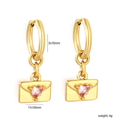 Pink Heart CZ Envelope Charm Huggie Drop Earrings 2×10mm Hoop | 18K Gold Plated Stainless Steel | Love Letter Dangle Earrings | Wholesale MOQ 12