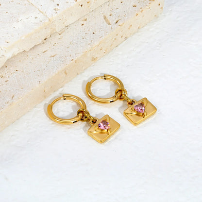Pink Heart CZ Envelope Charm Huggie Drop Earrings 2×10mm Hoop | 18K Gold Plated Stainless Steel | Love Letter Dangle Earrings | Wholesale MOQ 12