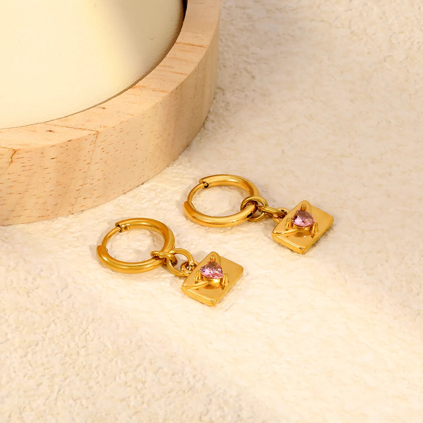 Pink Heart CZ Envelope Charm Huggie Drop Earrings 2×10mm Hoop | 18K Gold Plated Stainless Steel | Love Letter Dangle Earrings | Wholesale MOQ 12