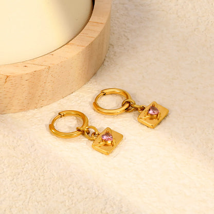 Pink Heart CZ Envelope Charm Huggie Drop Earrings 2×10mm Hoop | 18K Gold Plated Stainless Steel | Love Letter Dangle Earrings | Wholesale MOQ 12