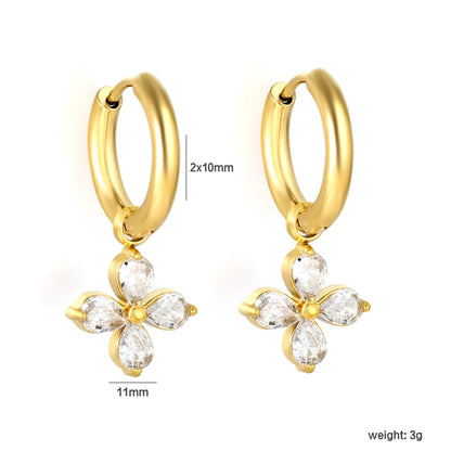 4-Leaf Pear CZ Flower Dangle Huggie Earrings 2×10mm Hoop | 18K Gold Plated Stainless Steel | Wholesale MOQ 12