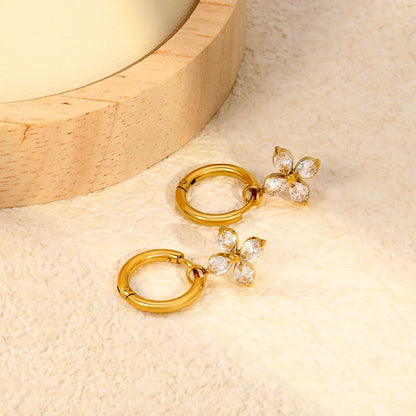 4-Leaf Pear CZ Flower Dangle Huggie Earrings 2×10mm Hoop | 18K Gold Plated Stainless Steel | Wholesale MOQ 12