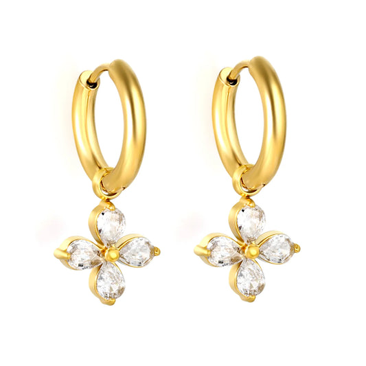 4-Leaf Pear CZ Flower Dangle Huggie Earrings 2×10mm Hoop | 18K Gold Plated Stainless Steel | Wholesale MOQ 12