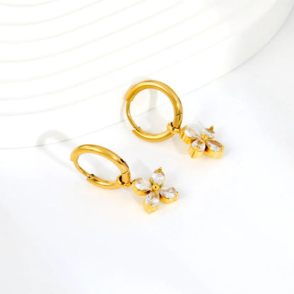 4-Leaf Pear CZ Flower Dangle Huggie Earrings 2×10mm Hoop | 18K Gold Plated Stainless Steel | Wholesale MOQ 12