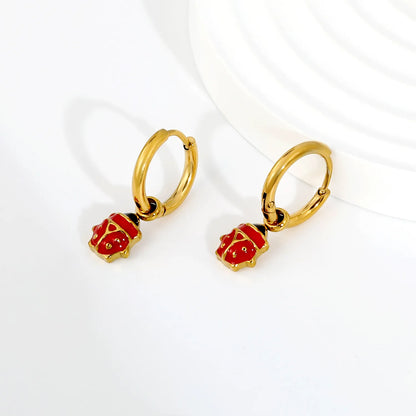 Red & Black Enamel Ladybug Dangle Huggie Earrings | 18K Gold Plated Stainless Steel | Cute Insect Charm Drop Hoops | Wholesale MOQ 12