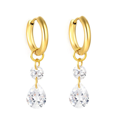 Double Round & Teardrop CZ Layered Dangle Huggie Earrings | 18K Gold Plated Stainless Steel | Two-Tier Crystal Drop Hoops | Wholesale MOQ 12