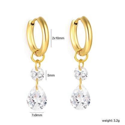 Double Round & Teardrop CZ Layered Dangle Huggie Earrings | 18K Gold Plated Stainless Steel | Two-Tier Crystal Drop Hoops | Wholesale MOQ 12