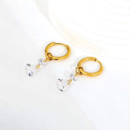 Double Round & Teardrop CZ Layered Dangle Huggie Earrings | 18K Gold Plated Stainless Steel | Two-Tier Crystal Drop Hoops | Wholesale MOQ 12