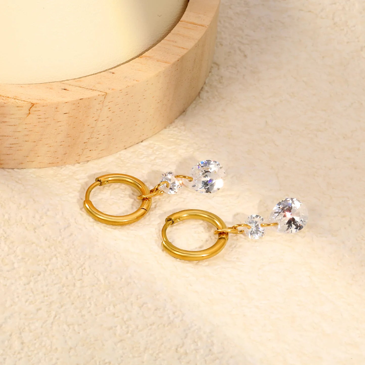 Double Round & Teardrop CZ Layered Dangle Huggie Earrings | 18K Gold Plated Stainless Steel | Two-Tier Crystal Drop Hoops | Wholesale MOQ 12