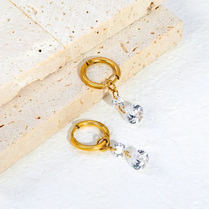 Double Round & Teardrop CZ Layered Dangle Huggie Earrings | 18K Gold Plated Stainless Steel | Two-Tier Crystal Drop Hoops | Wholesale MOQ 12