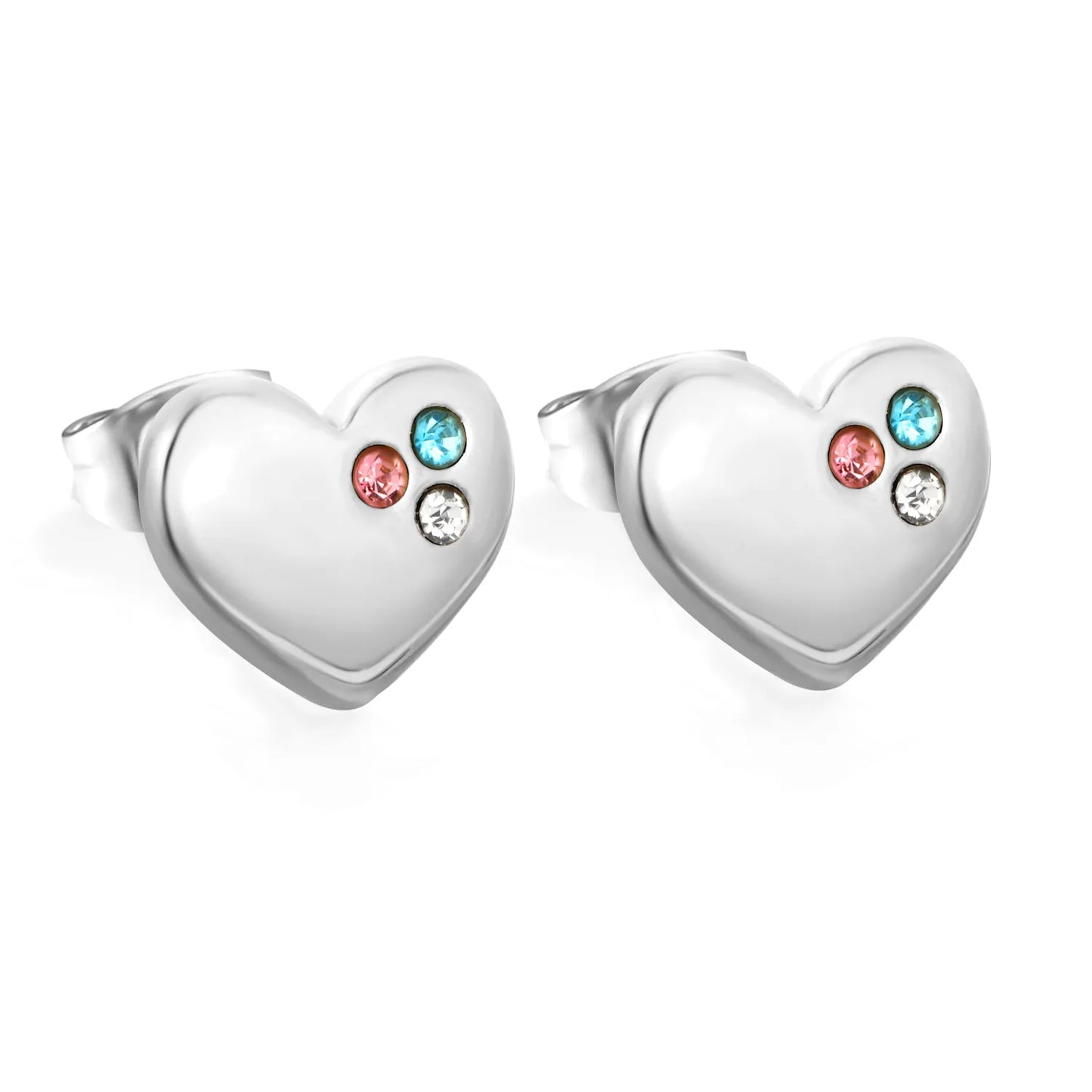 Tri-Color CZ Inlaid Solid Heart Stud Earrings | Multicolour Crystal Love Ear Studs | Wholesale MOQ 12