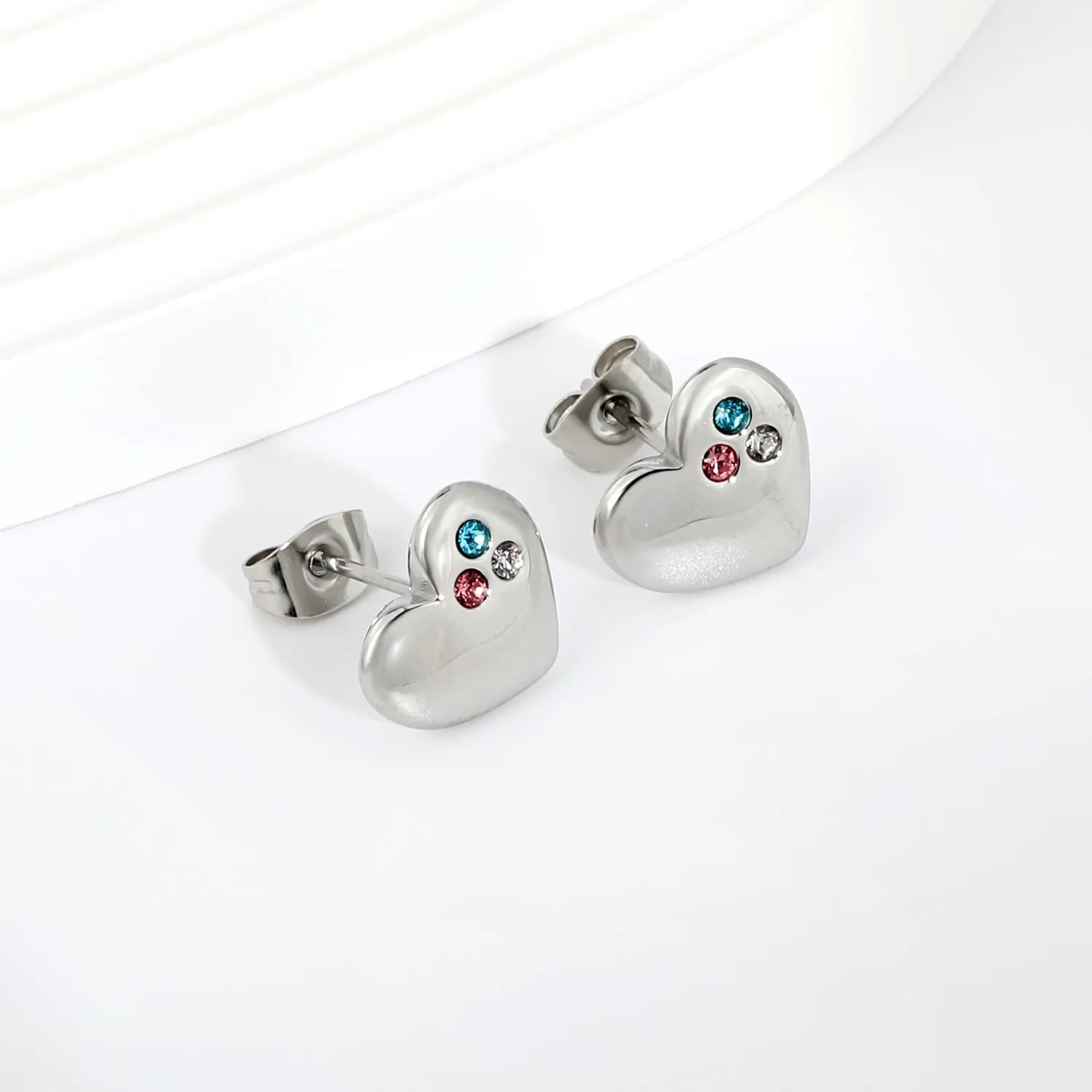 Tri-Color CZ Inlaid Solid Heart Stud Earrings | Multicolour Crystal Love Ear Studs | Wholesale MOQ 12