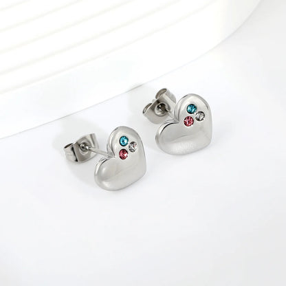 Tri-Color CZ Inlaid Solid Heart Stud Earrings | Multicolour Crystal Love Ear Studs | Wholesale MOQ 12