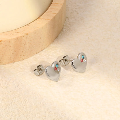 Tri-Color CZ Inlaid Solid Heart Stud Earrings | Multicolour Crystal Love Ear Studs | Wholesale MOQ 12