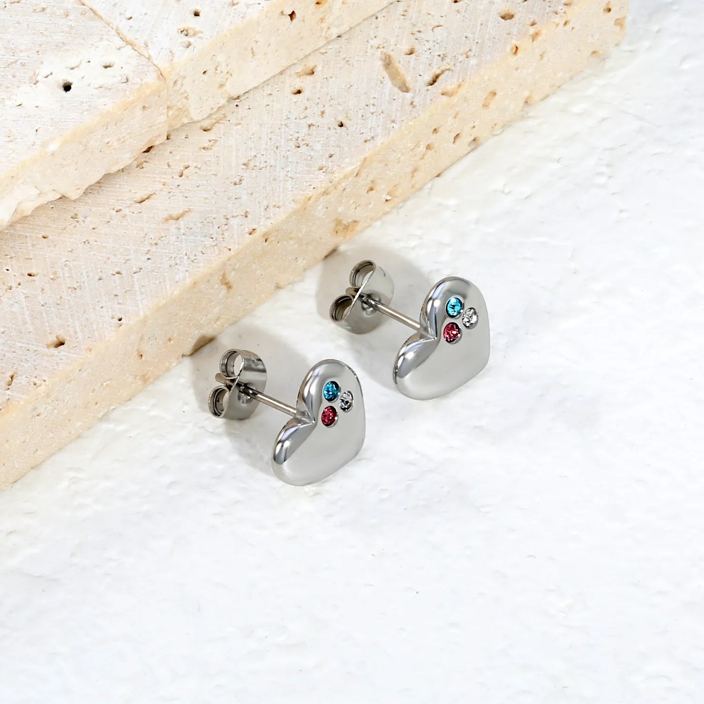 Tri-Color CZ Inlaid Solid Heart Stud Earrings | Multicolour Crystal Love Ear Studs | Wholesale MOQ 12