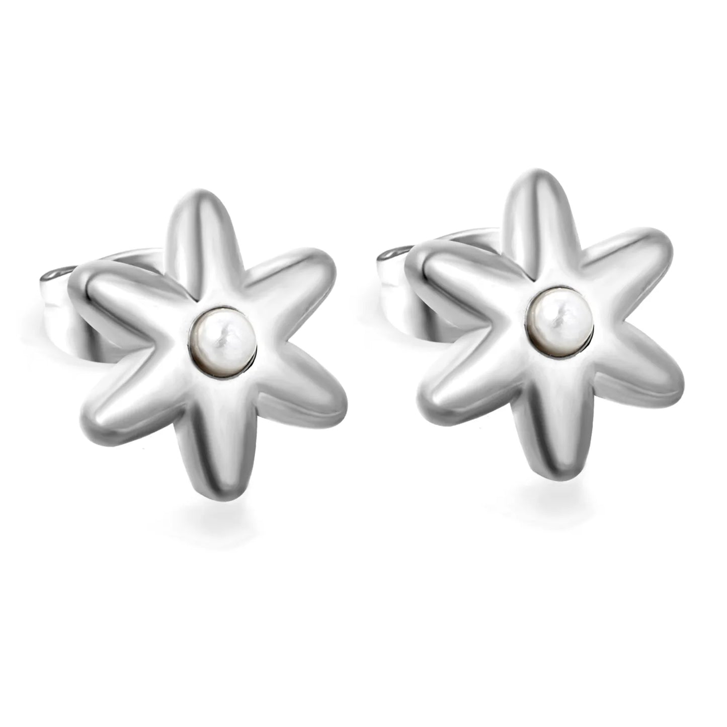 Puffy Six-Petal Flower Pearl Huggie Earrings | Gold & Silver | Solid Floral Pearl Snap Hoops | Wholesale MOQ 12