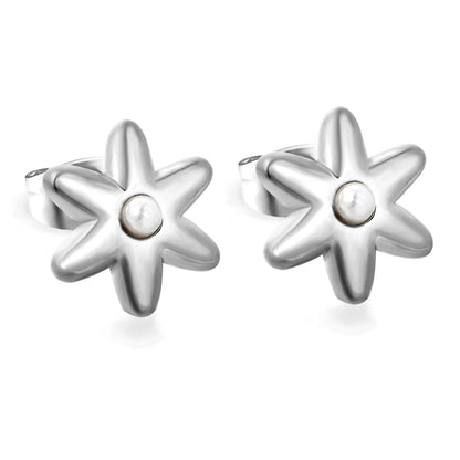 Puffy Six-Petal Flower Pearl Huggie Earrings | Gold & Silver | Solid Floral Pearl Snap Hoops | Wholesale MOQ 12