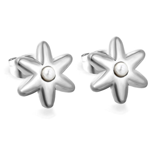 Puffy Six-Petal Flower Pearl Huggie Earrings | Gold & Silver | Solid Floral Pearl Snap Hoops | Wholesale MOQ 12