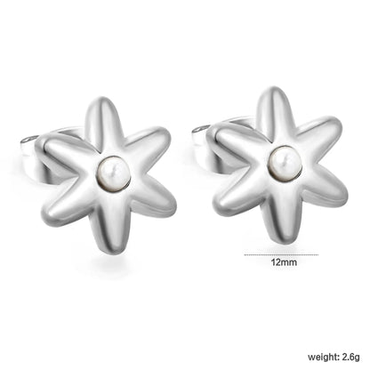 Puffy Six-Petal Flower Pearl Huggie Earrings | Gold & Silver | Solid Floral Pearl Snap Hoops | Wholesale MOQ 12