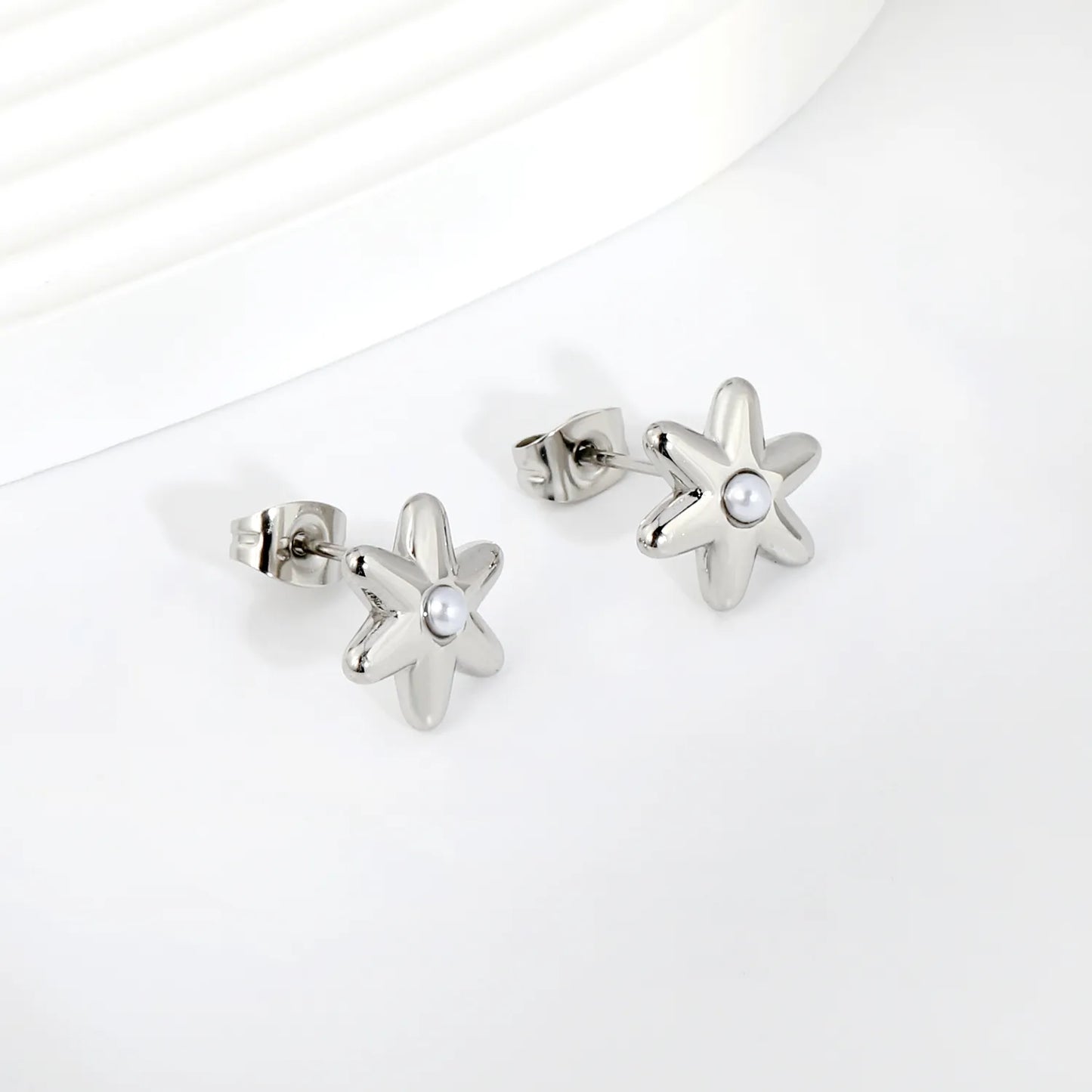 Puffy Six-Petal Flower Pearl Huggie Earrings | Gold & Silver | Solid Floral Pearl Snap Hoops | Wholesale MOQ 12