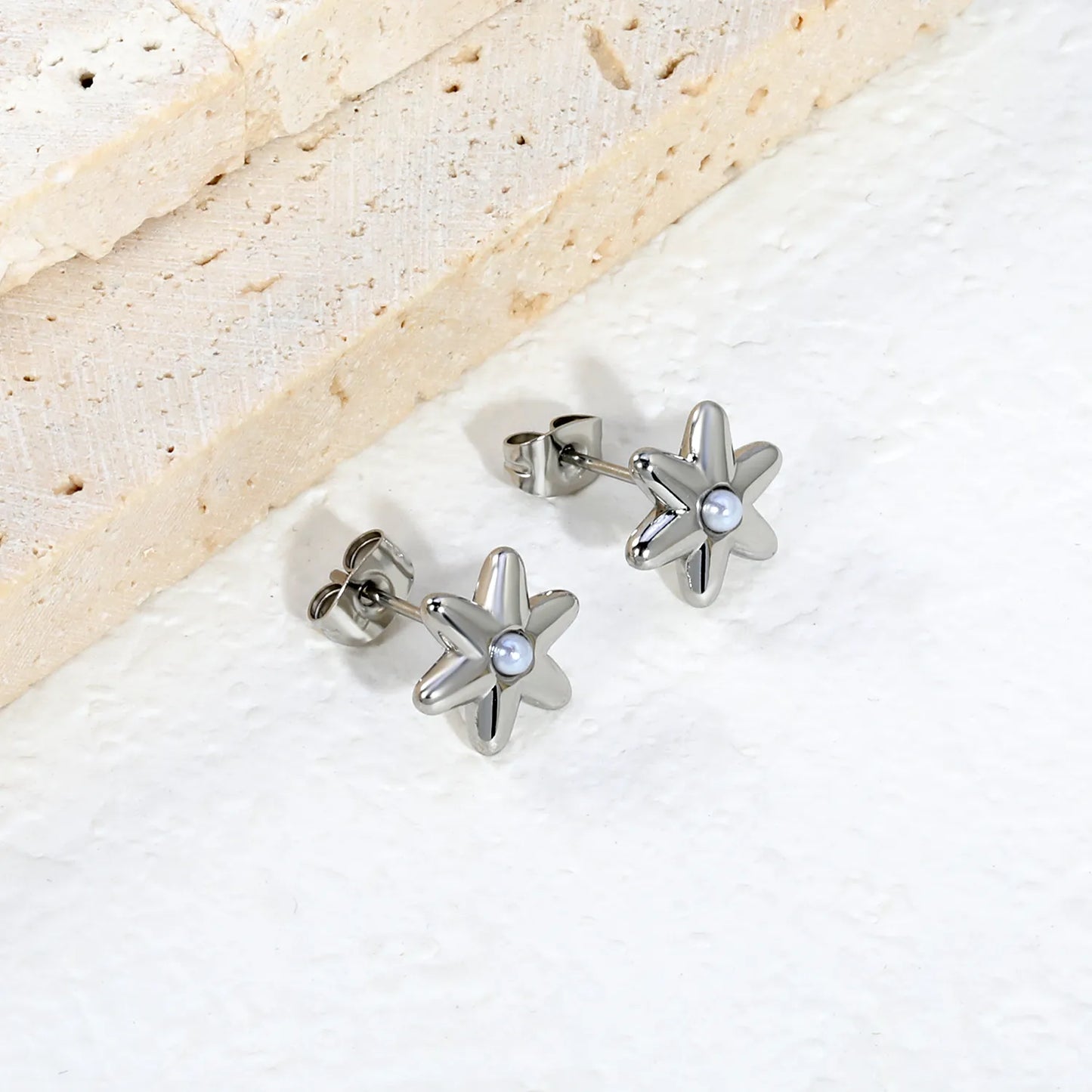Puffy Six-Petal Flower Pearl Huggie Earrings | Gold & Silver | Solid Floral Pearl Snap Hoops | Wholesale MOQ 12