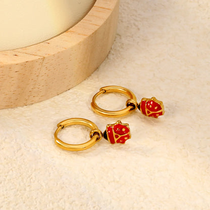 Red & Black Enamel Ladybug Dangle Huggie Earrings | 18K Gold Plated Stainless Steel | Cute Insect Charm Drop Hoops | Wholesale MOQ 12