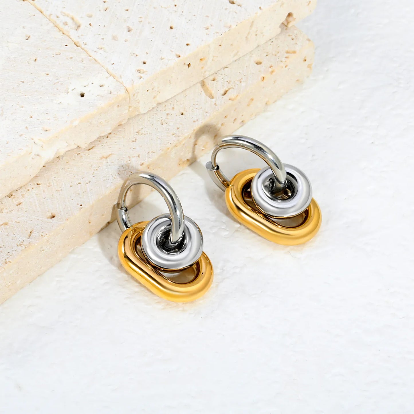 Interlocked Oval Link Dangle Huggie Earrings 14×20mm | 18K Gold Plated & Two-Tone Stainless Steel | Chunky Chain Drop Hoops | Wholesale MOQ 12