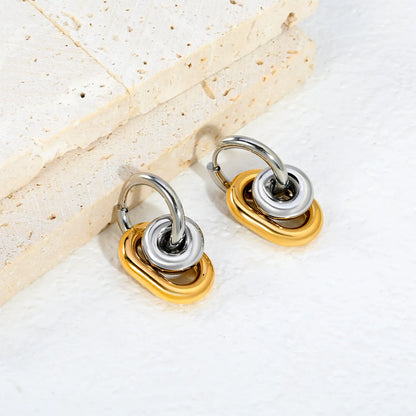 Interlocked Oval Link Dangle Huggie Earrings 14×20mm | 18K Gold Plated & Two-Tone Stainless Steel | Chunky Chain Drop Hoops | Wholesale MOQ 12
