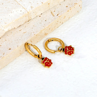 Red & Black Enamel Ladybug Dangle Huggie Earrings | 18K Gold Plated Stainless Steel | Cute Insect Charm Drop Hoops | Wholesale MOQ 12