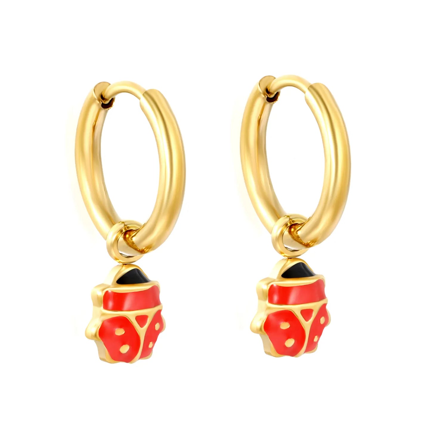 Red & Black Enamel Ladybug Dangle Huggie Earrings | 18K Gold Plated Stainless Steel | Cute Insect Charm Drop Hoops | Wholesale MOQ 12