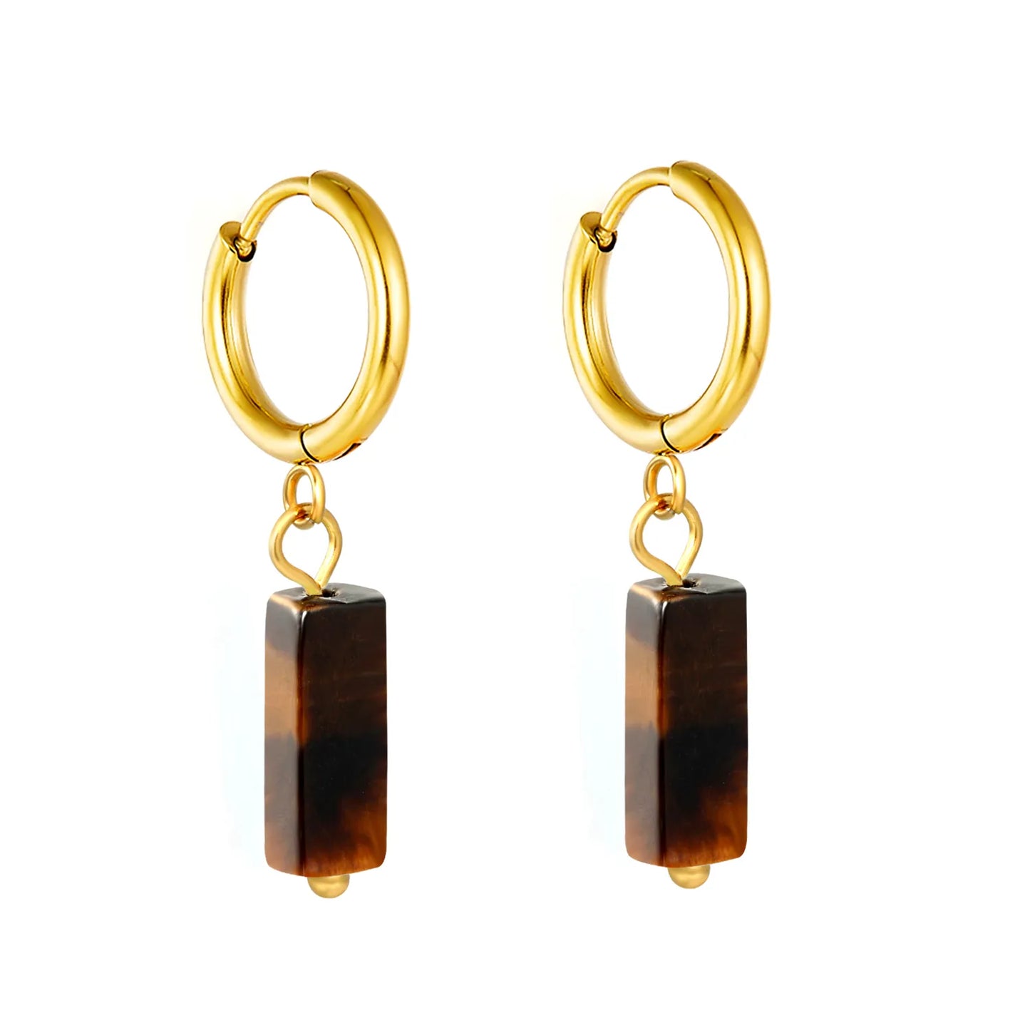 Natural Stone Bar Dangle Huggie Hoop Earrings 2×10mm Hoop | 18K Gold Plated Stainless Steel | 5 Natural Gemstone Options | Wholesale MOQ 12