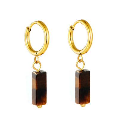 Natural Stone Bar Dangle Huggie Hoop Earrings 2×10mm Hoop | 18K Gold Plated Stainless Steel | 5 Natural Gemstone Options | Wholesale MOQ 12