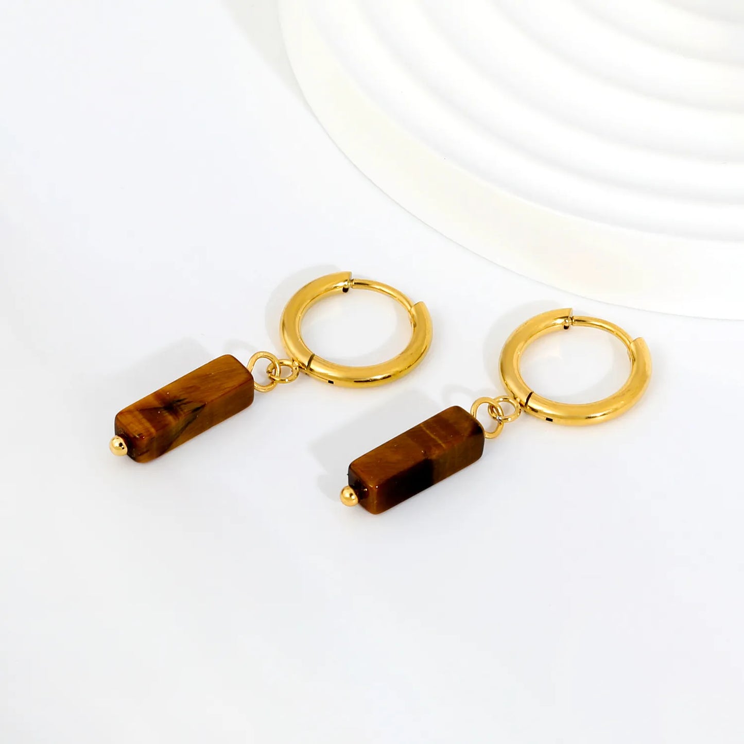 Natural Stone Bar Dangle Huggie Hoop Earrings 2×10mm Hoop | 18K Gold Plated Stainless Steel | 5 Natural Gemstone Options | Wholesale MOQ 12