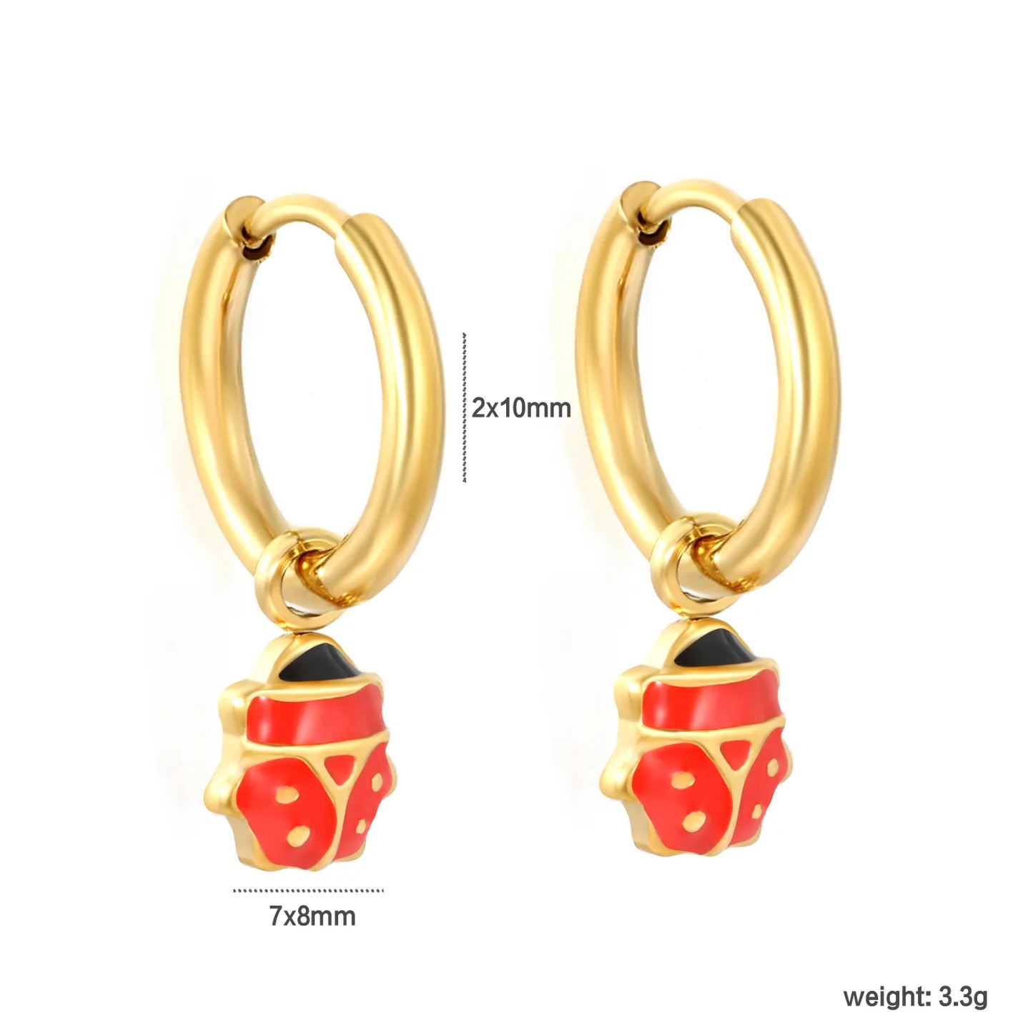 Red & Black Enamel Ladybug Dangle Huggie Earrings | 18K Gold Plated Stainless Steel | Cute Insect Charm Drop Hoops | Wholesale MOQ 12