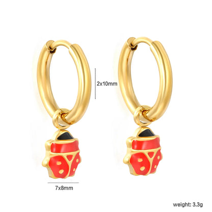 Red & Black Enamel Ladybug Dangle Huggie Earrings | 18K Gold Plated Stainless Steel | Cute Insect Charm Drop Hoops | Wholesale MOQ 12