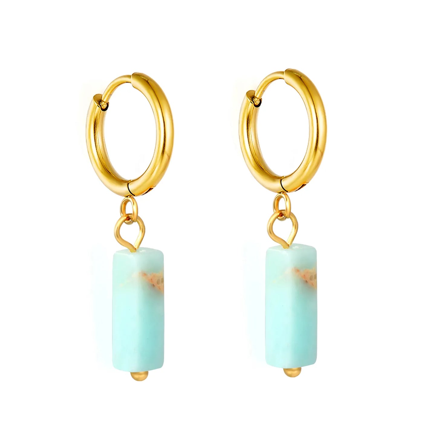 Natural Stone Bar Dangle Huggie Hoop Earrings 2×10mm Hoop | 18K Gold Plated Stainless Steel | 5 Natural Gemstone Options | Wholesale MOQ 12