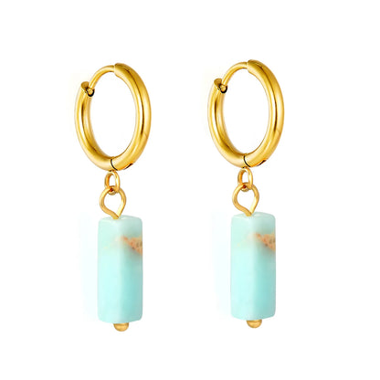 Natural Stone Bar Dangle Huggie Hoop Earrings 2×10mm Hoop | 18K Gold Plated Stainless Steel | 5 Natural Gemstone Options | Wholesale MOQ 12
