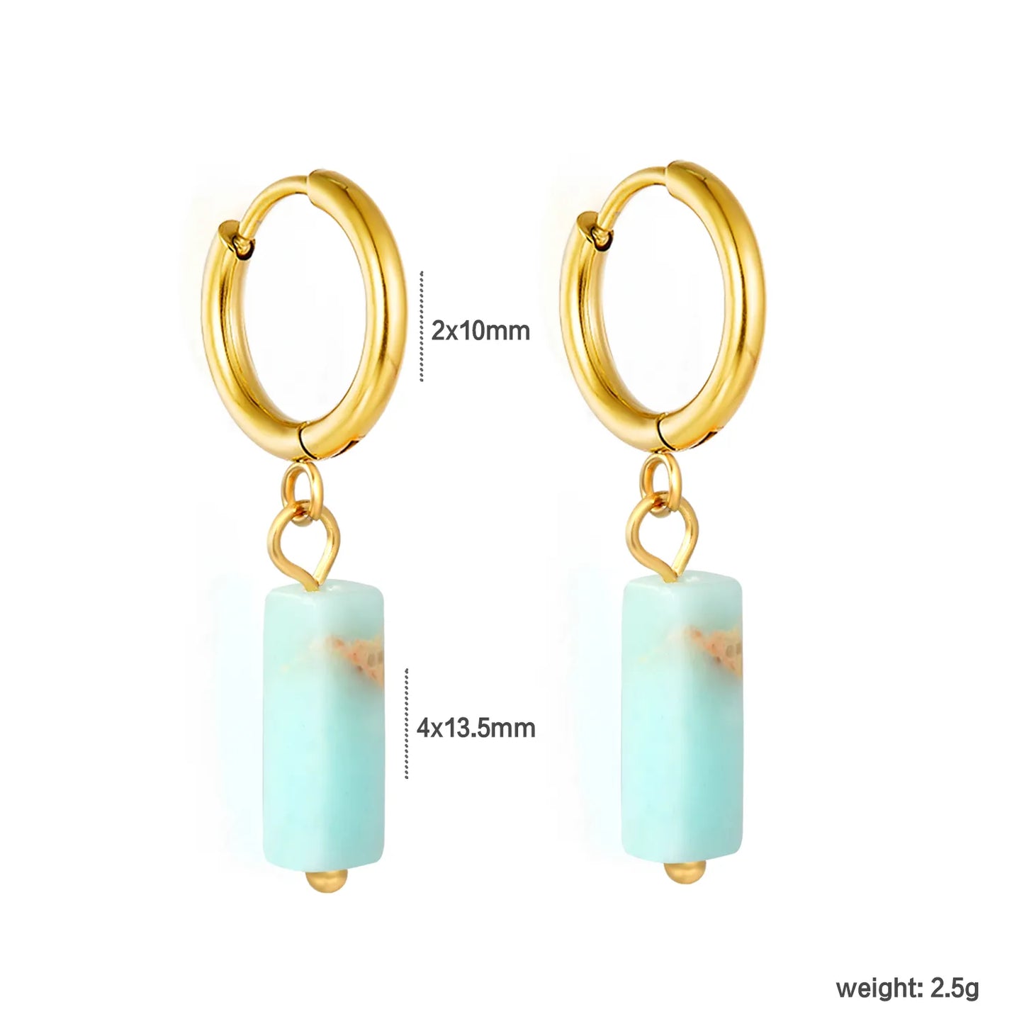 Natural Stone Bar Dangle Huggie Hoop Earrings 2×10mm Hoop | 18K Gold Plated Stainless Steel | 5 Natural Gemstone Options | Wholesale MOQ 12