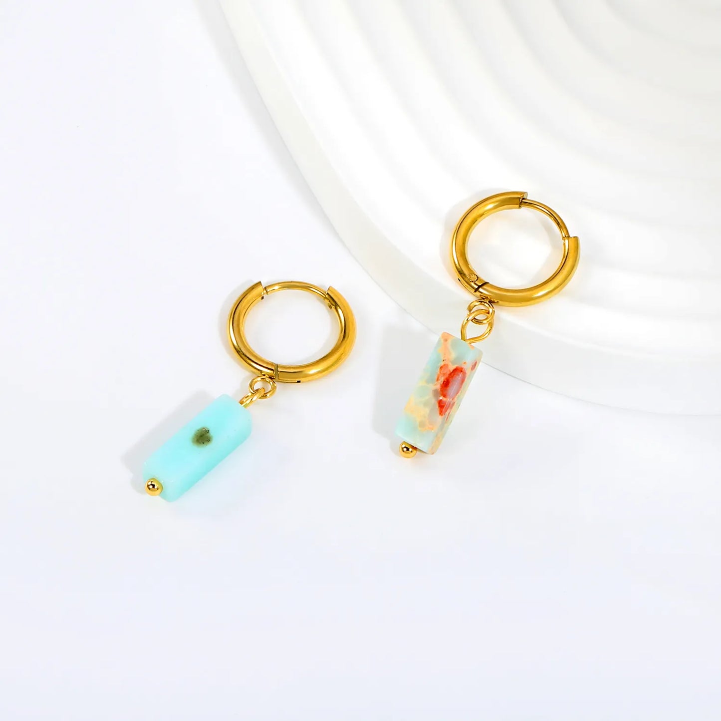 Natural Stone Bar Dangle Huggie Hoop Earrings 2×10mm Hoop | 18K Gold Plated Stainless Steel | 5 Natural Gemstone Options | Wholesale MOQ 12
